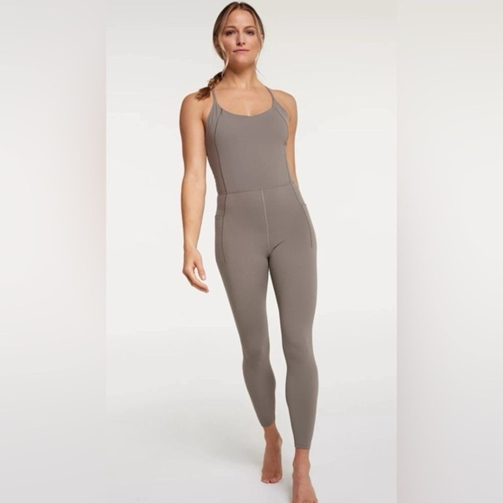 Calia Inspire Bodysuit Taupe Brown Strappy Back Yoga Jumpsuit NWT **Size M**